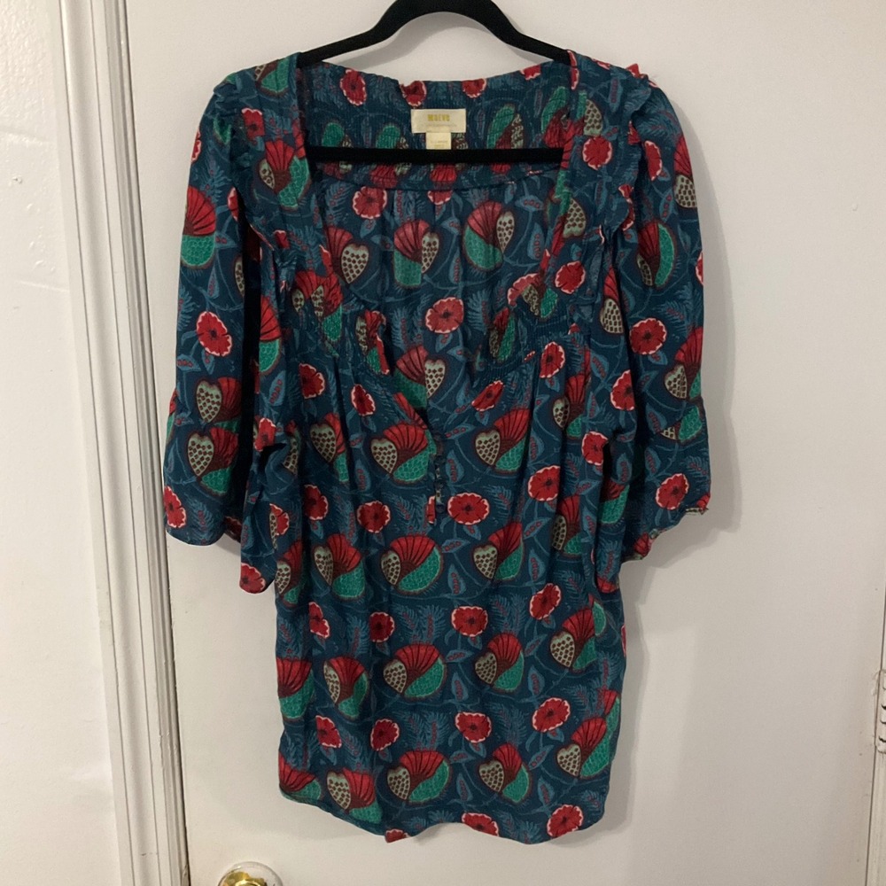 Maeve Anthropologie Teal Red Floral Pomegranate Smocked Blouse XL